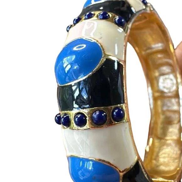 J. Crew Blue Enamel Tan Gold Tone Hinged Safety Chain Bangle Bracelet - Picture 15 of 15